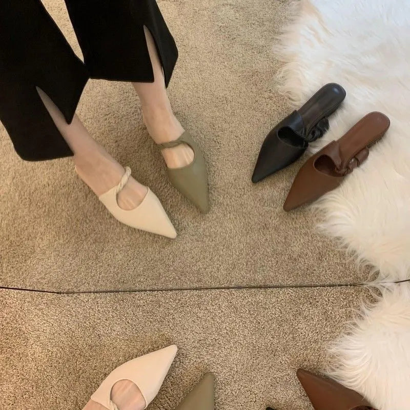 Women's leather-lined semi-toe box slippers with spring design and rubber sole in four colour options