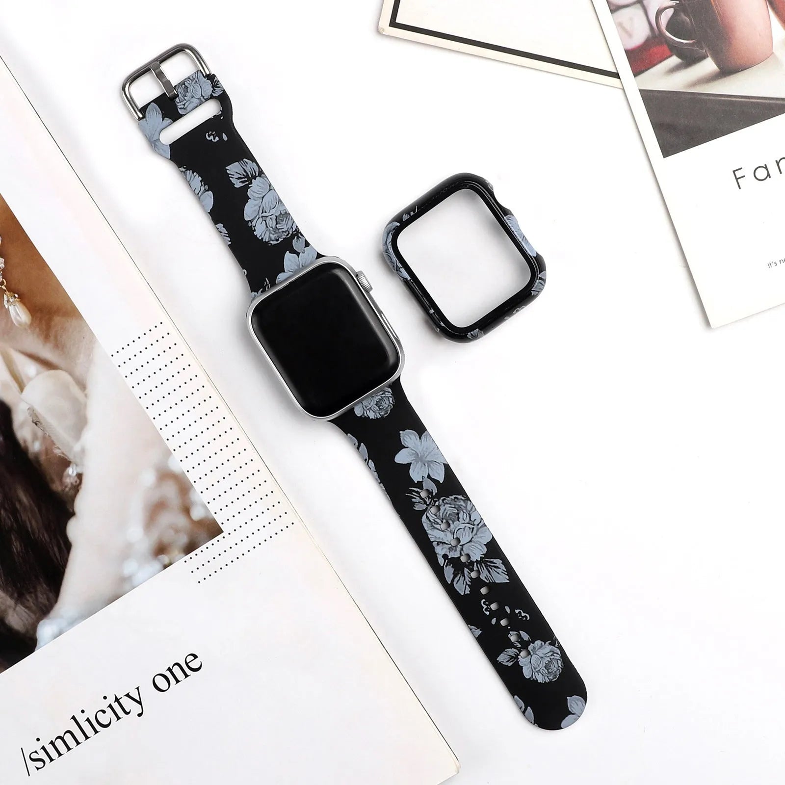 Printed silicone replacement watch strap for Apple iWatch showing multiple design options and size fit.