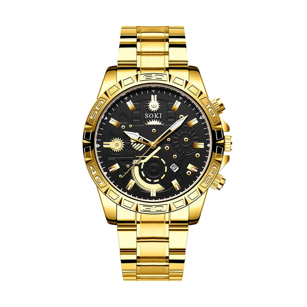Gold-coloured men's business watch with a stainless steel band and a single folding buckle on a wrist