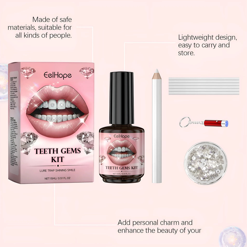 Tooth decoration kit with UV lamp, glue bottle, gem pen, cotton strips, and 100 rhinestone gems on white background
