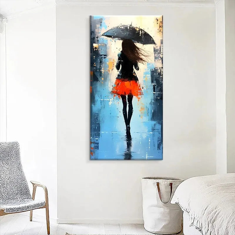 Hand painted modern abstract oil painting of people walking in rain on canvas for living room wall decor
