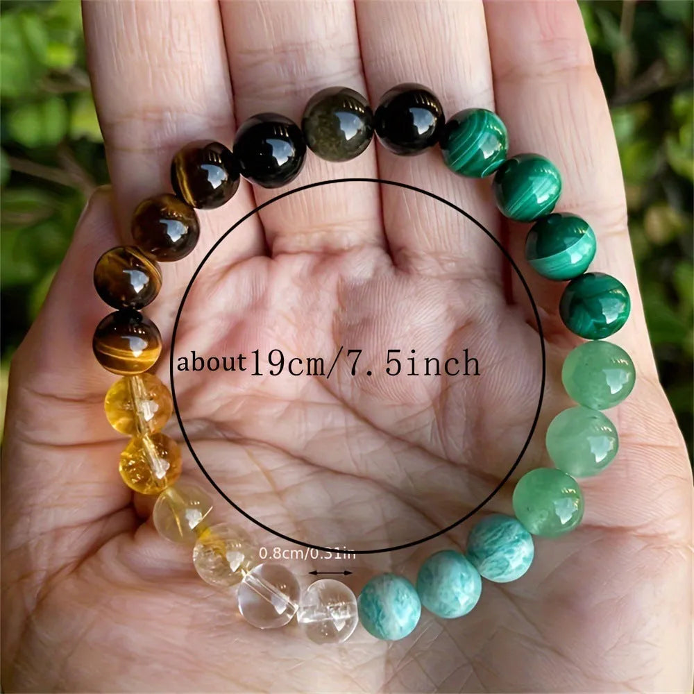 Natural stone bracelet with citrine, dongling stone, and malachite in a crystal setting, unisex design