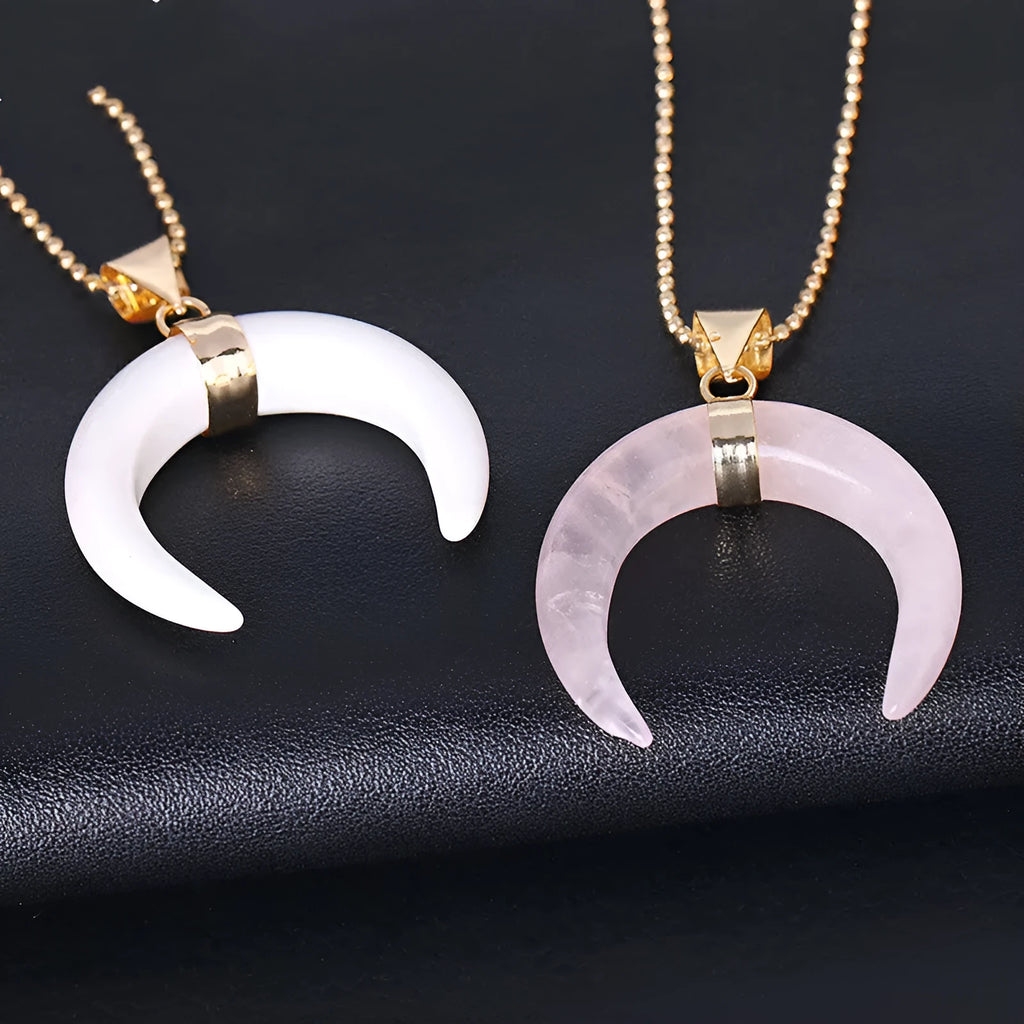 Natural stone moon pendant necklace with copper fittings on adjustable chain, pink and purple colour options