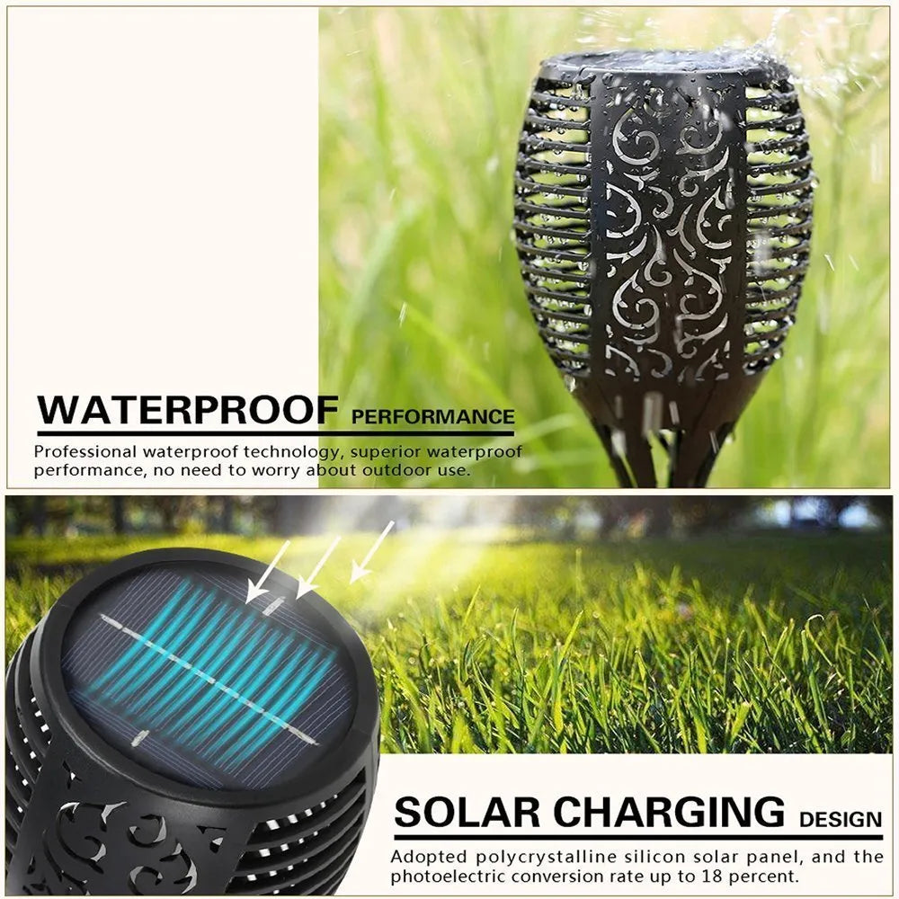 Black solar torch light with stake, 32cm lamp, IP65 waterproof, 96 LEDs for outdoor garden use