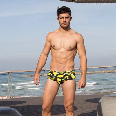 Men's swim boxer briefs in photo colour made from stretchy spandex fabric