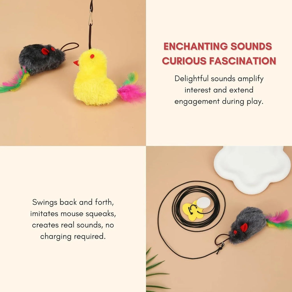 Grey and yellow interactive hanging cat toy with retractable rope, treat bulb, and mouse attachment.