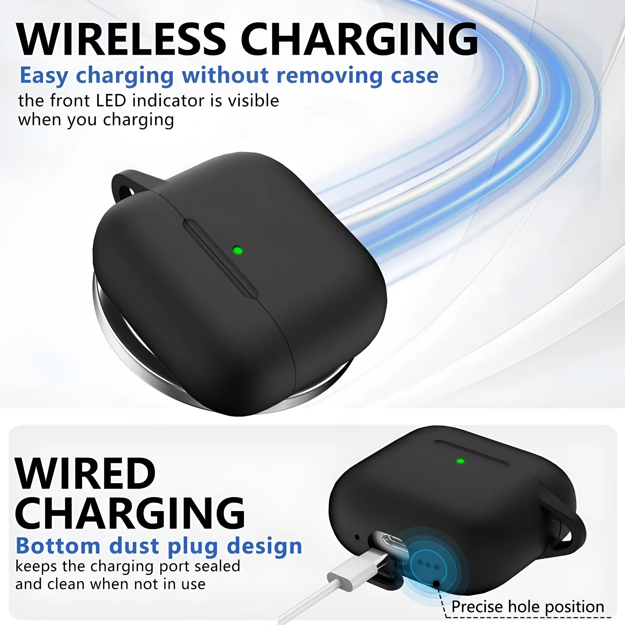 Set of silicone protective cover and cleaning pen for Airpods, embossed texture, black silicone case, white cleaning pen