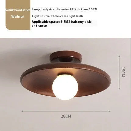 Minimalist solid wood and glass ceiling lamp in walnut colour, 28cm diameter.