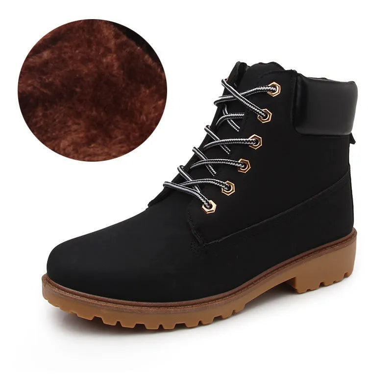 Men's pink high-top Martin boots with velvet lining and flat sole on a white background.