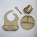 4 piece food grade silicone baby feeding set with bib, plate, bowl, and spoon in dark grey, khaki, or rose red