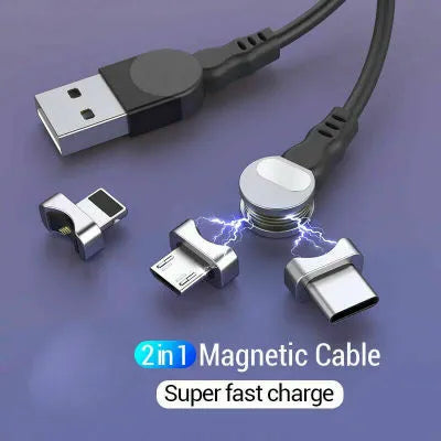 Rotating magnetic three-in-one charging cable with blind magnetic connector in 1m length, black colour, with interchangeable Apple, Type-C, and Android heads