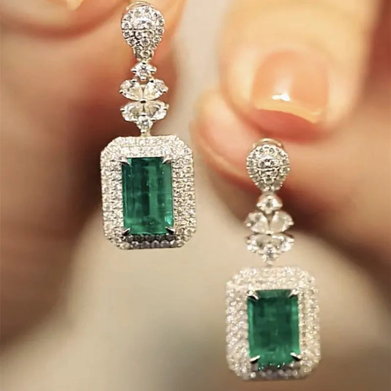 Green copper square bright zircon drop earrings with quadrilateral flower shape, court style for women