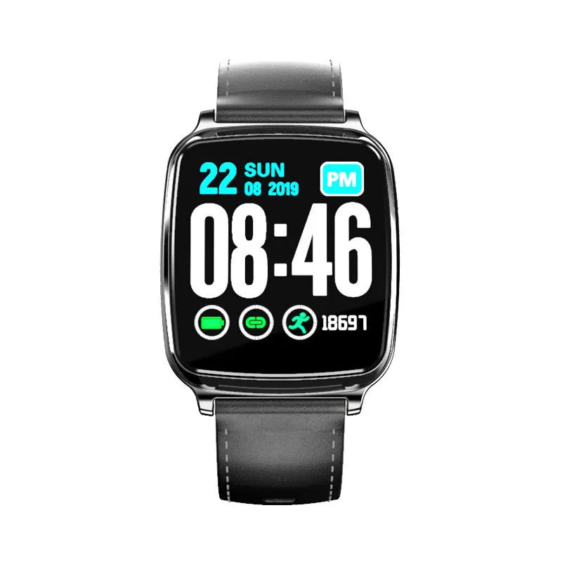 M8 smart bracelet in black on a wrist, showing heart rate data on its full-touch screen with a zinc alloy body.