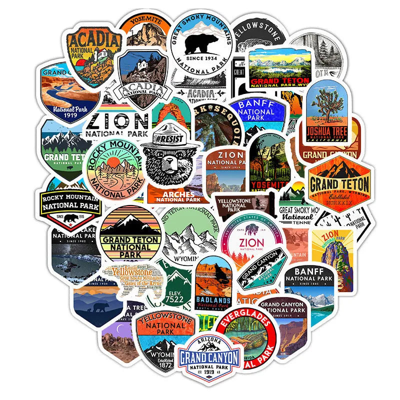 50 small matte National Park stickers in YT28 colour for stationery, cellphone, computer, and luggage use