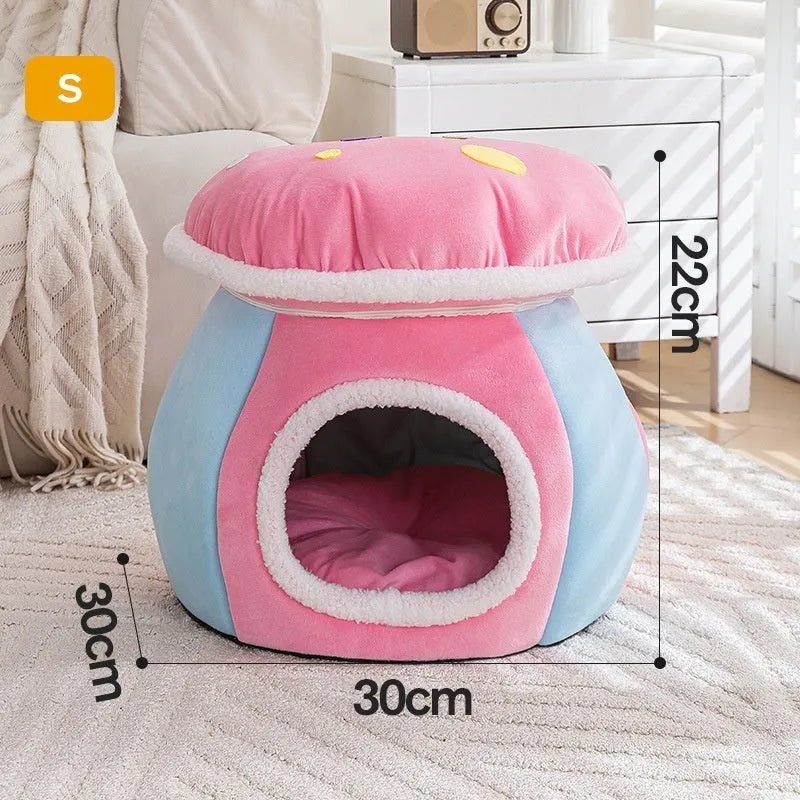 Mushroom-shaped cat bed with detachable plush blanket in grey, pink or purple colour