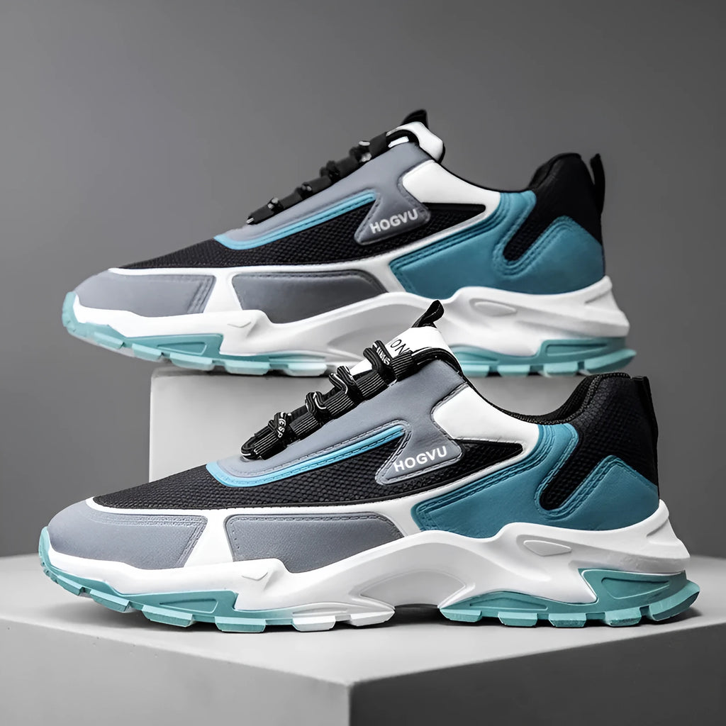 Men's breathable mesh running shoes, low-cut lace-up trainers with plastic sole, black khaki or black and blue, sizes 39-44