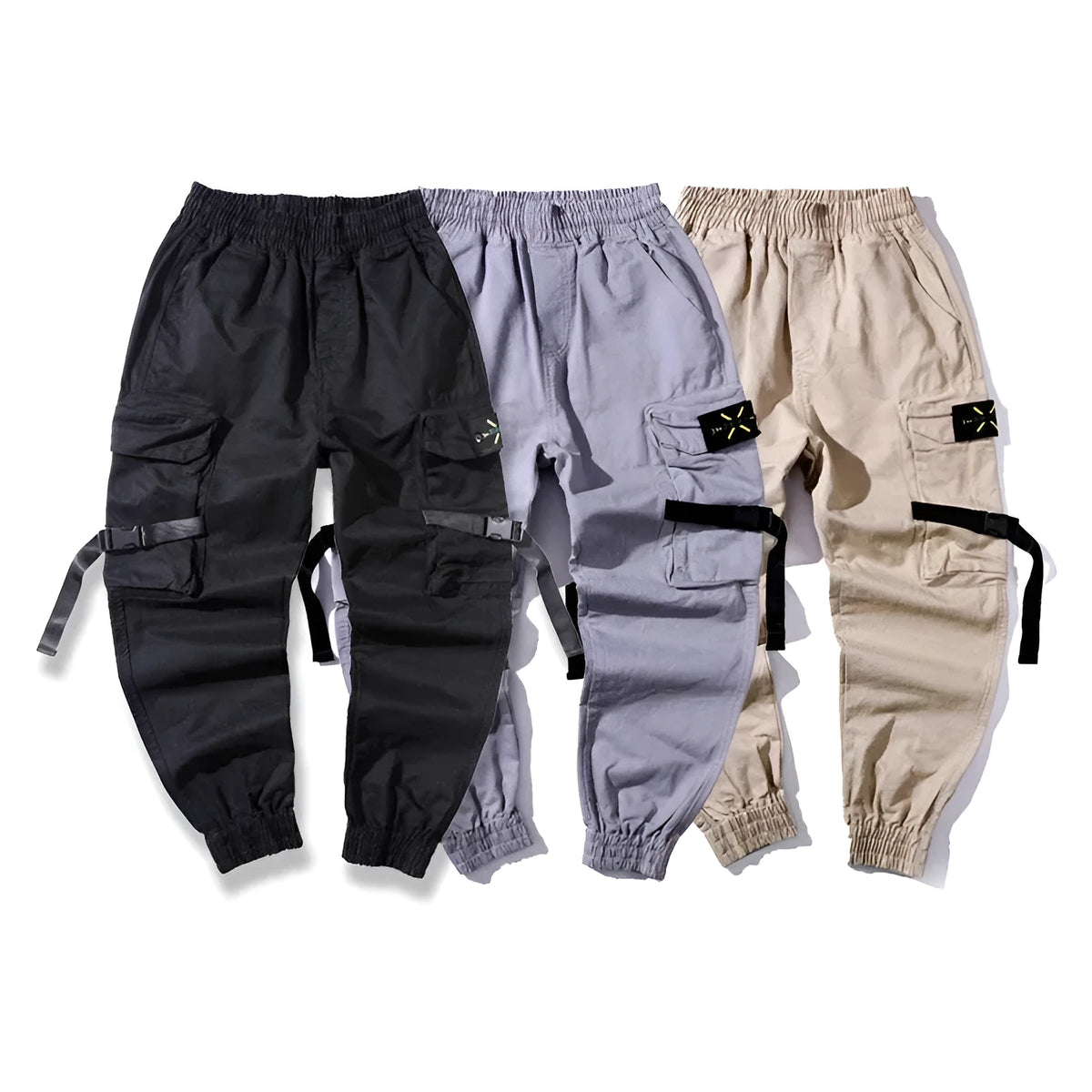 Men's cotton cargo pants in black, grey, and khaki, casual multi-pocket trousers with size chart.