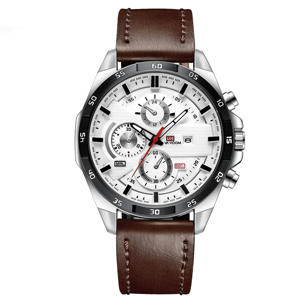 Men's casual wristwatch showing day-date window at 3 o'clock on a black dial with a rose gold case.