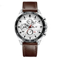 Men's casual wristwatch showing day-date window at 3 o'clock on a black dial with a rose gold case.