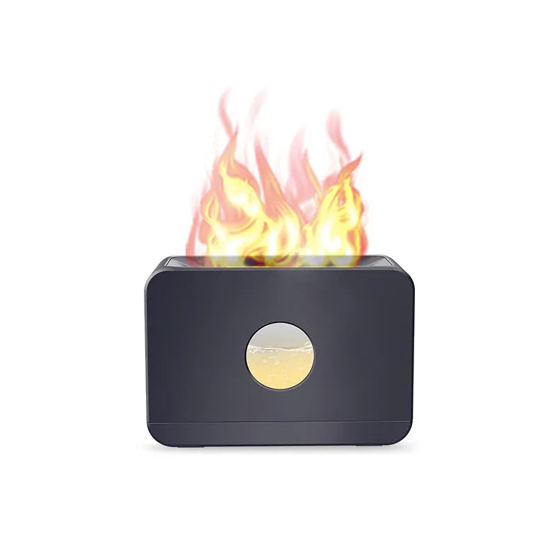 Two-colour flame aromatherapy humidifier with remote control, square plastic design, and water tank