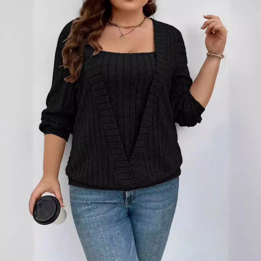 Women's solid colour rib fabric V-neck false two-piece suit with long sleeves in loose fit