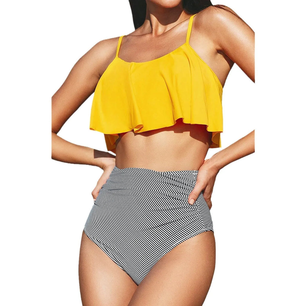A striped and ruffled backless bikini set on a mannequin, shown in peacock blue colour.