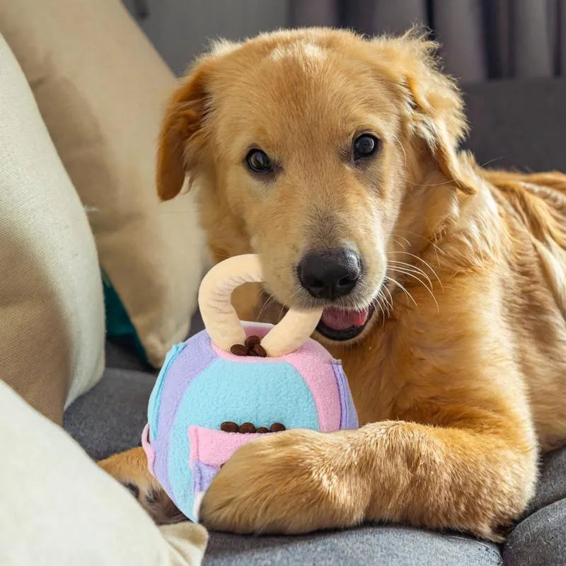 Pink and green squeaky plush ball dog toy with treat pockets for small medium dogs