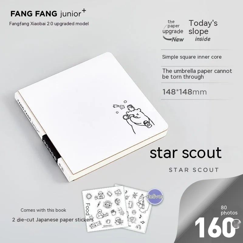 Square white paper notebook with checkered pages, 148mm size, includes stickers