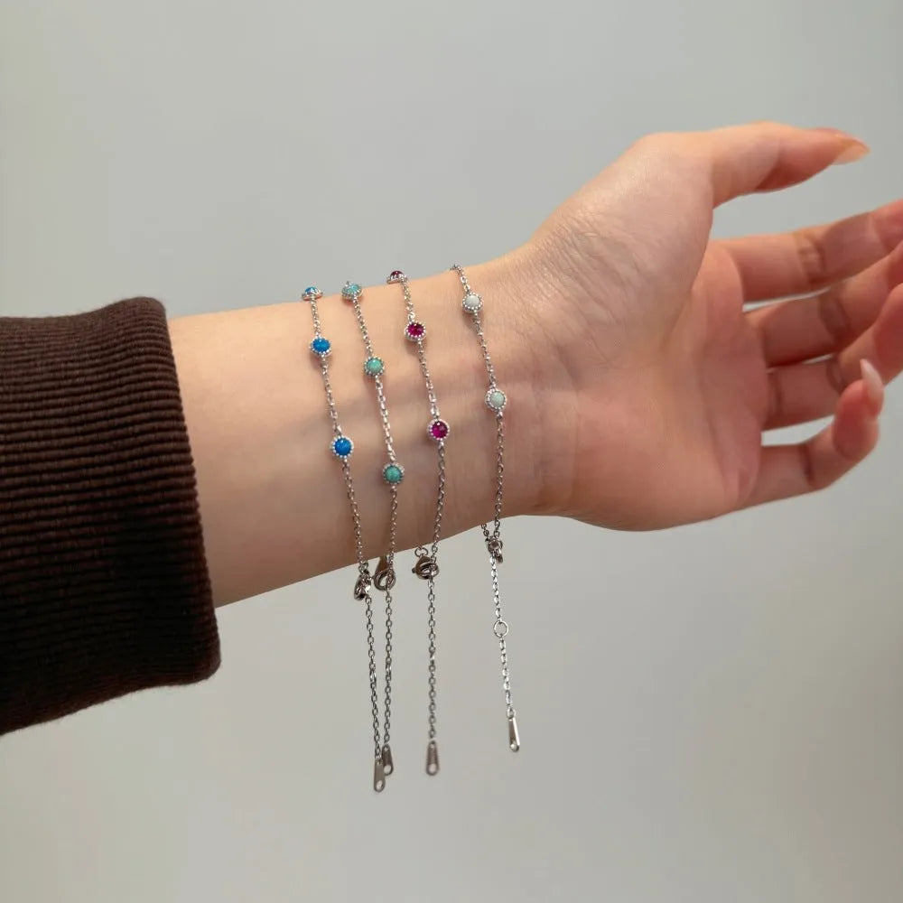 S925 sterling silver geometric round link opal bracelet for women, simple Japanese Korean style, multiple colour options