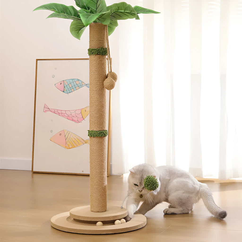 Vertical cat climbing frame with natural hemp rope scratching posts in a Canna finish, showing chamfered columns.