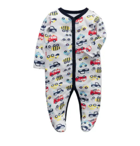 Soft cotton baby one-piece bodysuit in blue and green dinosaur print, size 6M, front view on white background