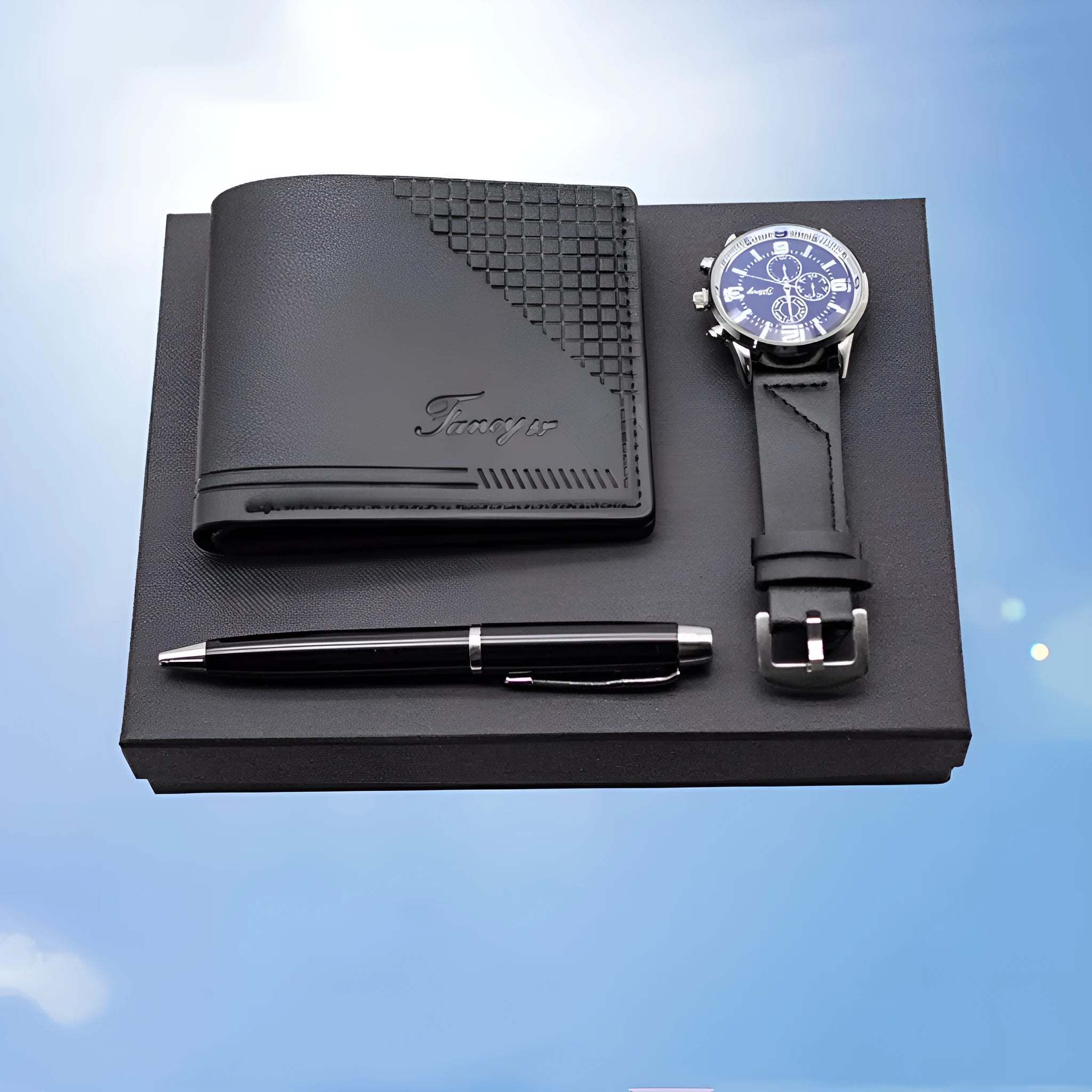 Creative holiday gift set featuring a wallet, pen, and watch inside a modern simplicity style gift box.