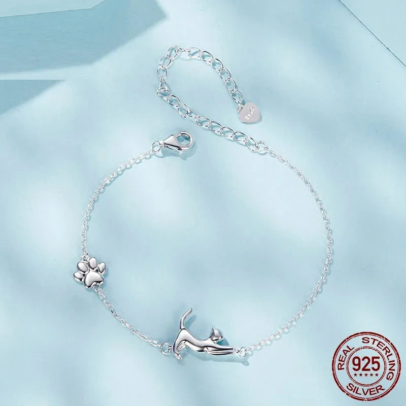 S925 sterling silver cat pendant bracelet for women, silver chain with cat charm