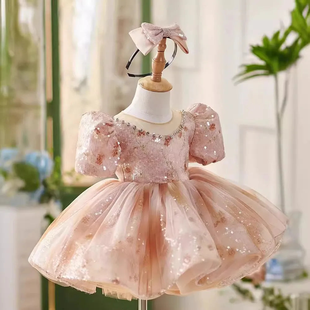 Pink children's princess dress made from polyester fibre, available in heights 80cm to 150cm