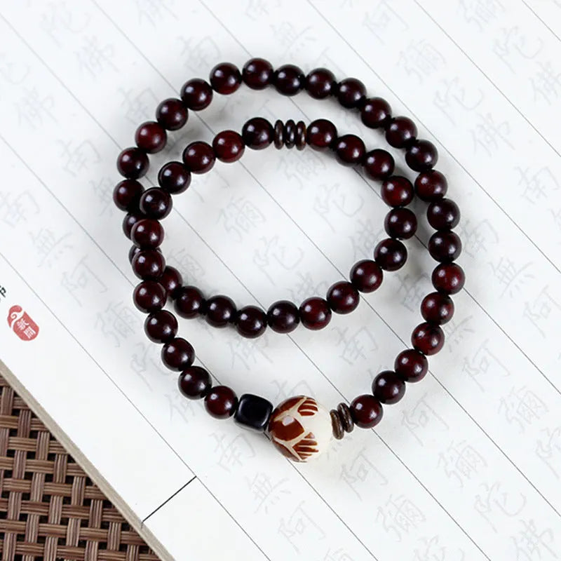 Natural rosewood retro bracelet with flower beads in knitted construction, showing both double circle and single circle colour options