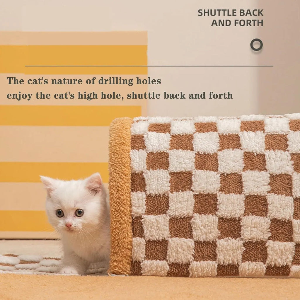 Plush plaid cat tunnel bed with non-slip bottom and central mat for indoor cats