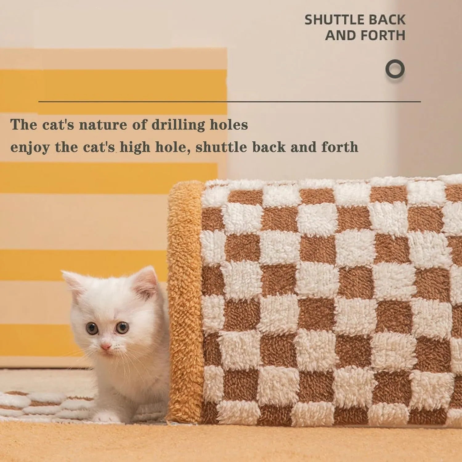 Plush plaid cat tunnel bed with non-slip bottom and central mat for indoor cats