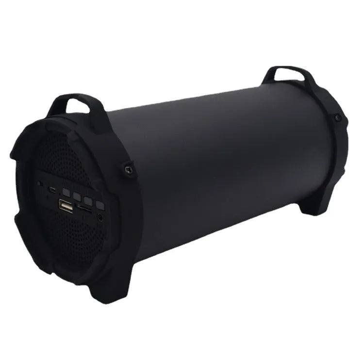 Black portable wireless Bluetooth speaker with suspenders for outdoor use