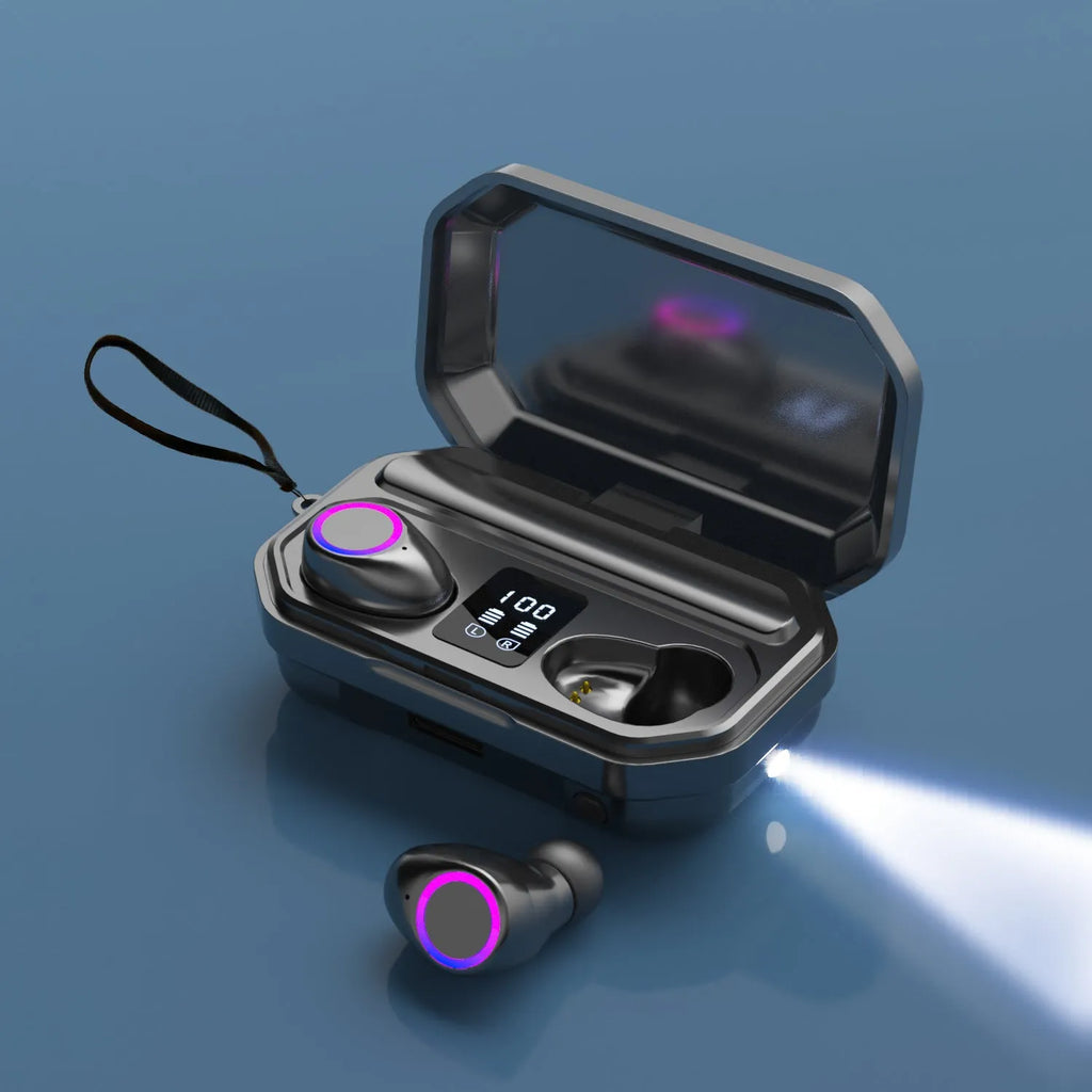 Wireless Bluetooth earplug headphones with charging case showing LED power display