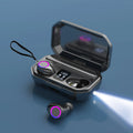 Wireless Bluetooth earplug headphones with charging case showing LED power display