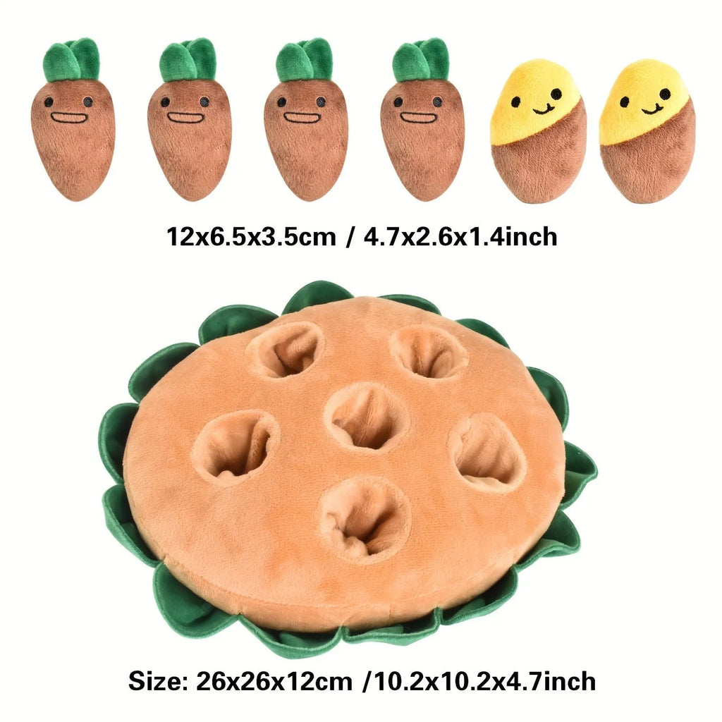 Yellow interactive dog puzzle foraging pad with removable squeaky plush toys on a 40 cm square polyester base.