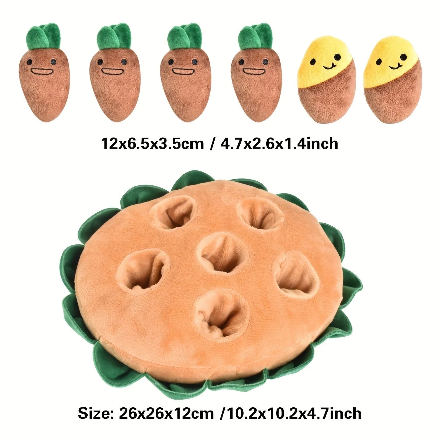 Yellow interactive dog puzzle foraging pad with removable squeaky plush toys on a 40 cm square polyester base.