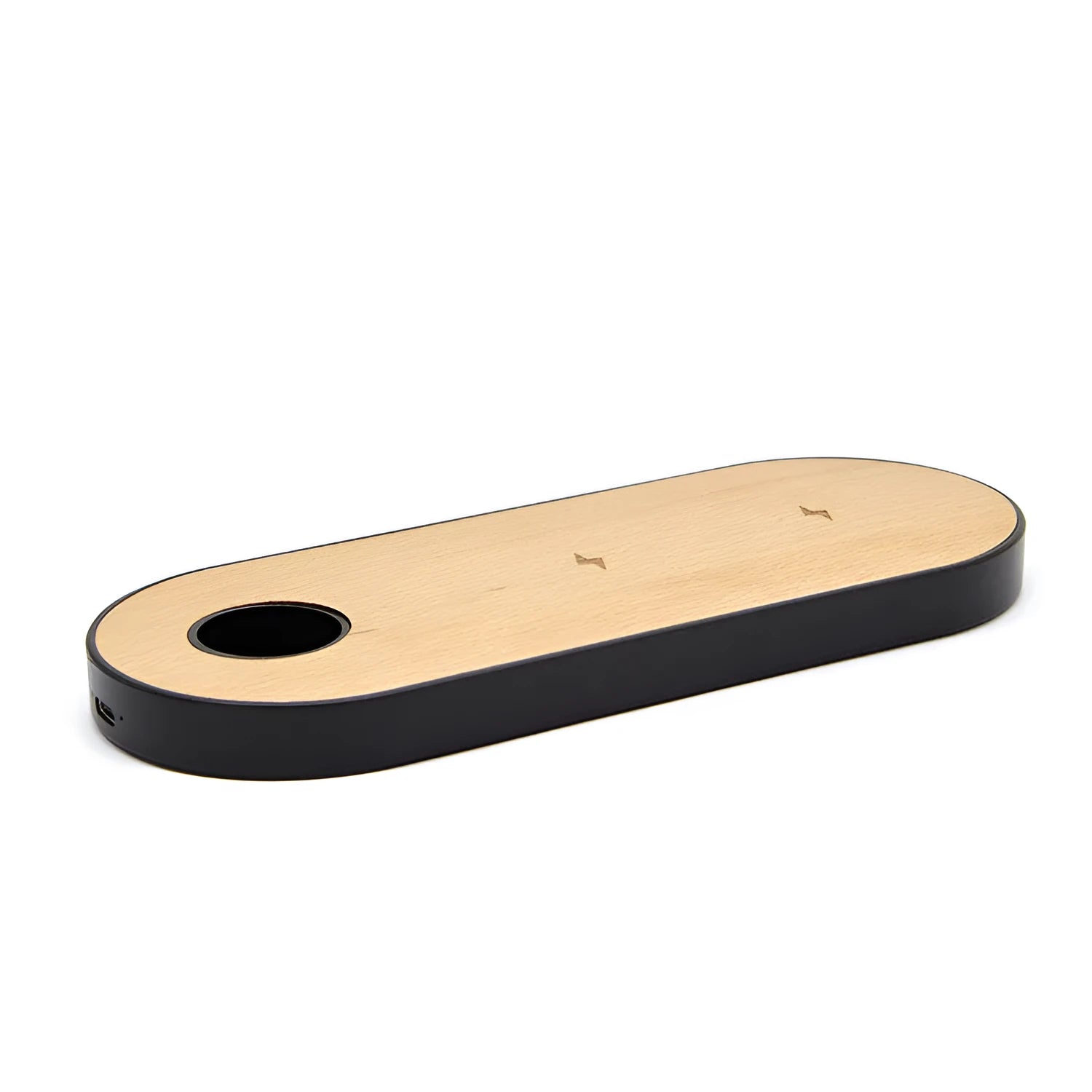 Wooden wireless charger with bamboo base and natural wood edging on desk surface