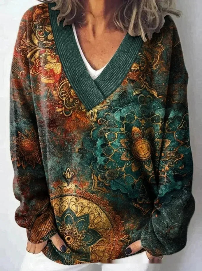 Women's V-neck sweatshirt with 3D floral pattern print in polyester fabric