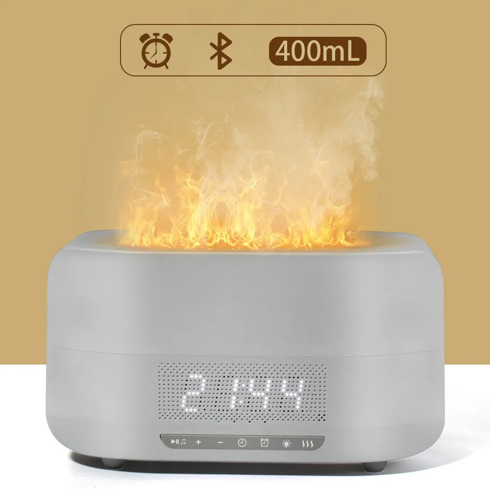 Firelight Speaker & Humidifier in white with square shape, 229x110x127mm, showing water tank and LED light