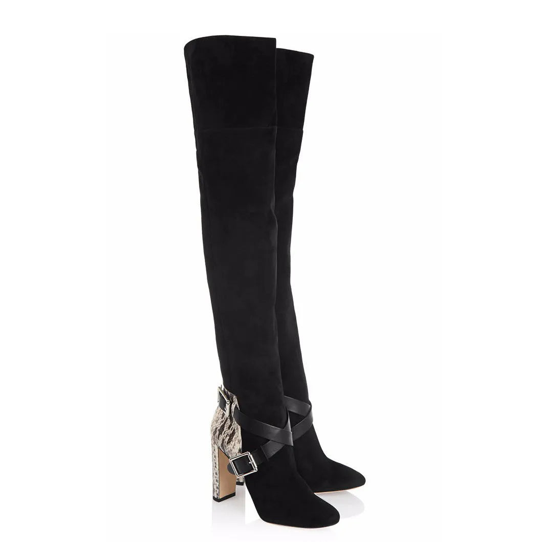 Black suede women's fashion boots with round toe, thick heel, rubber sole, and 8cm or more heel height.