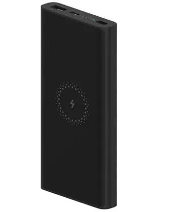White and black large capacity 10000mAh power bank with USB-C port and wireless charging symbol.