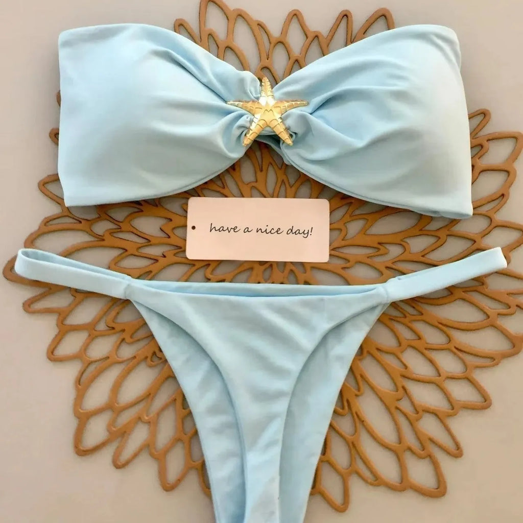 Tube top bikini set with backless low waist briefs in black, white or blue, sizes S M L, nylon fabric