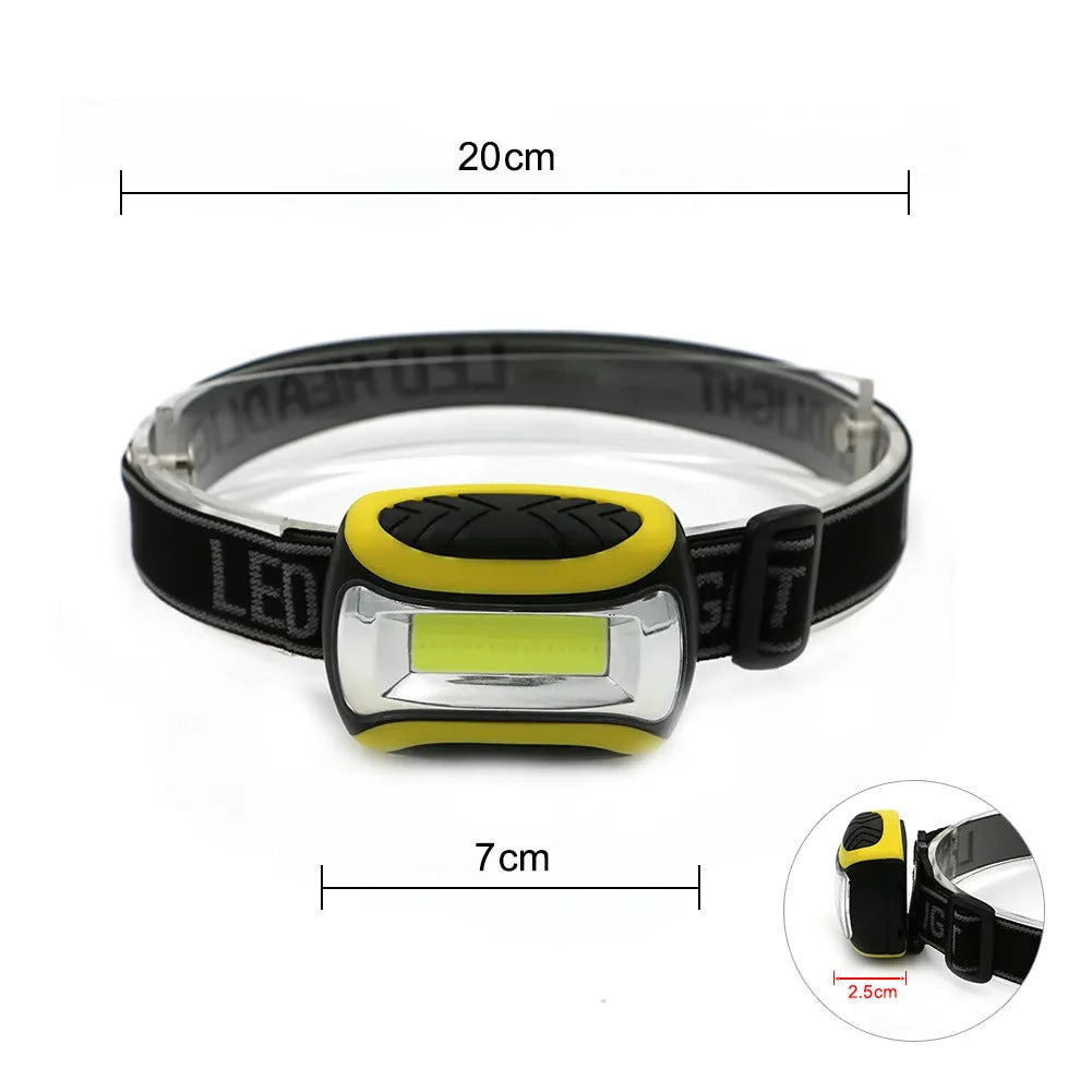 Yellow Major brand headlamp with COB LED light source and adjustable strap for outdoor use.