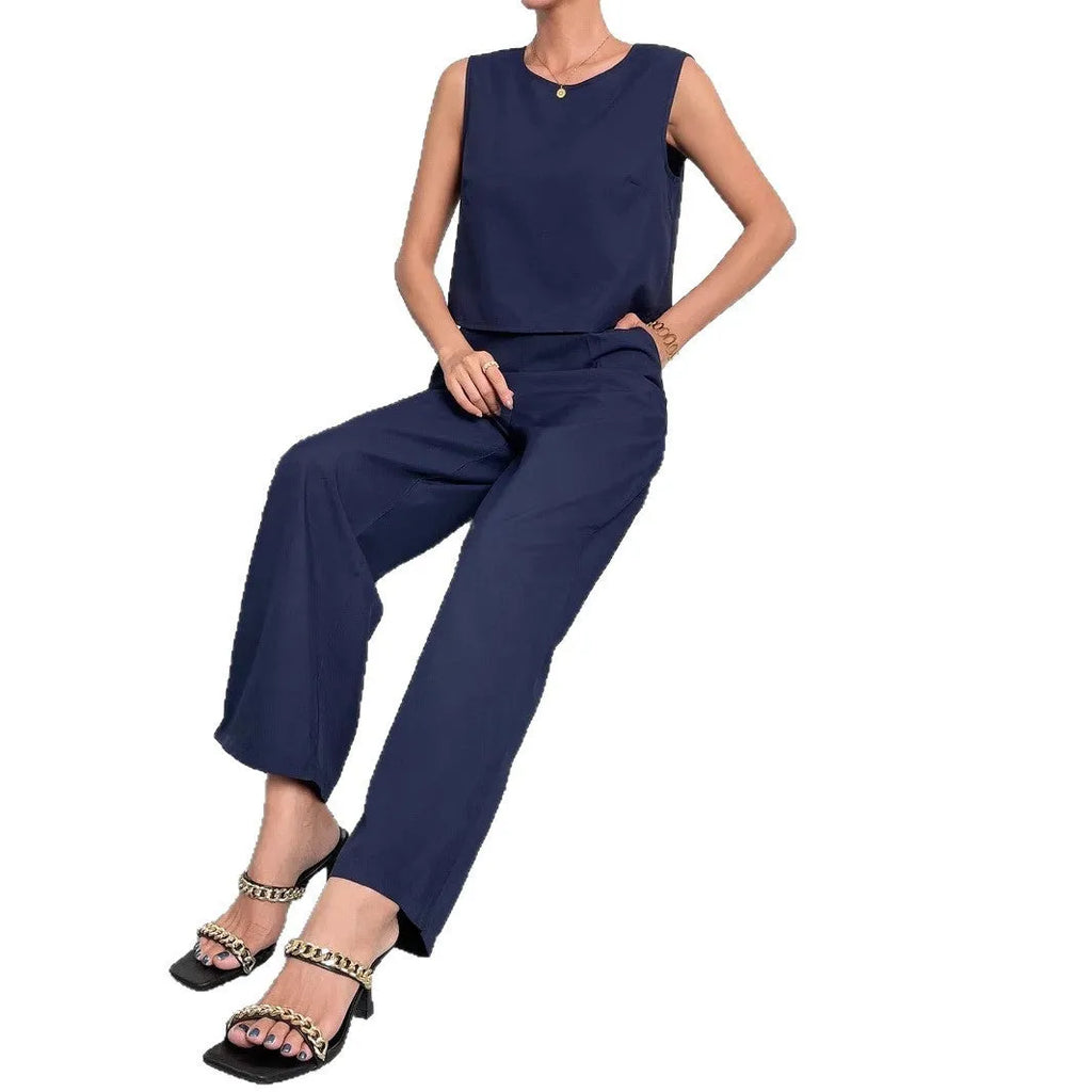 Red sleeveless top and wide leg pants two-piece set on a hanger.